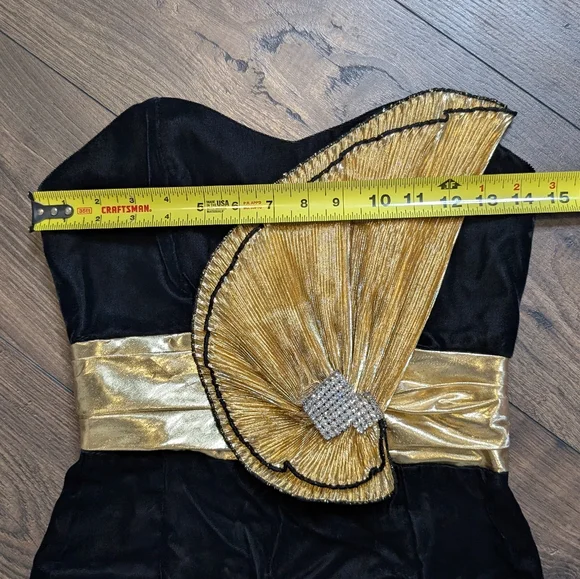Positive Influence Vintage 80s 90s Strapless Black Velour Gold Dress Size 6